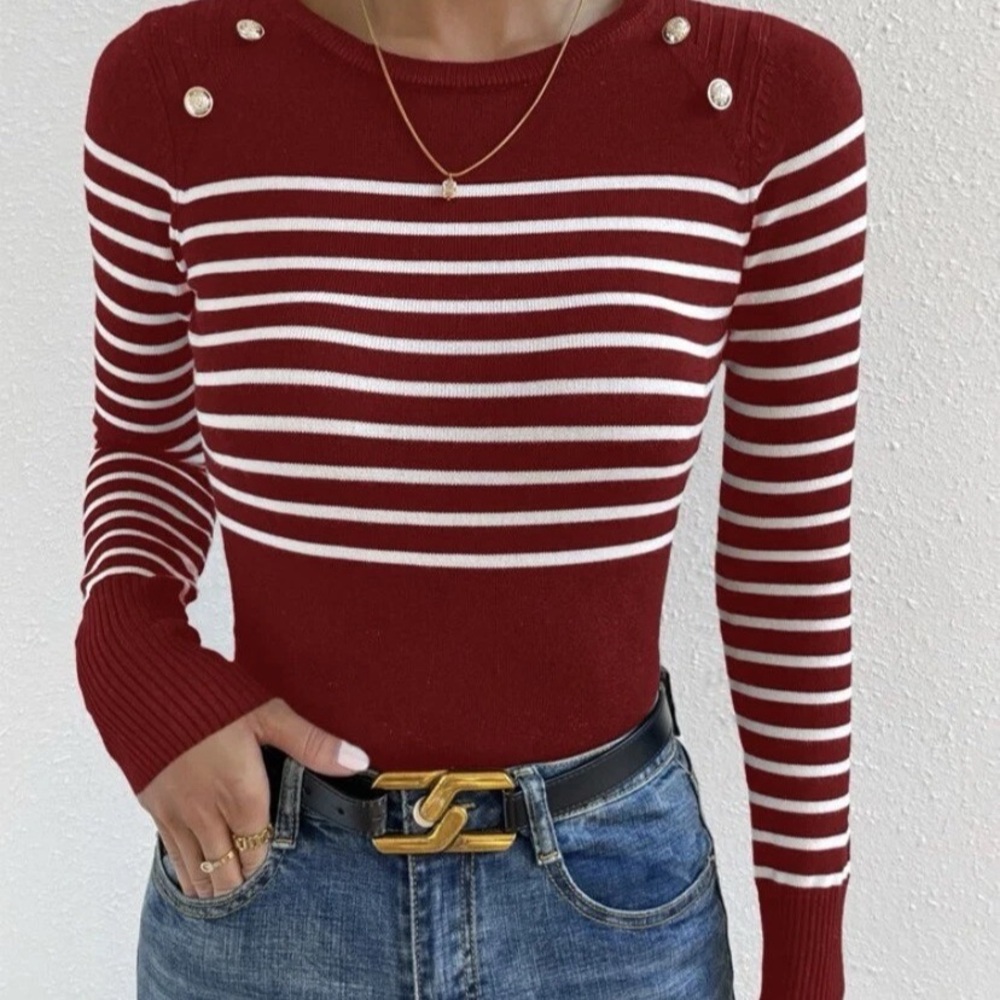 SHEIN Burgundy and White Striped Crew Neck Sweater